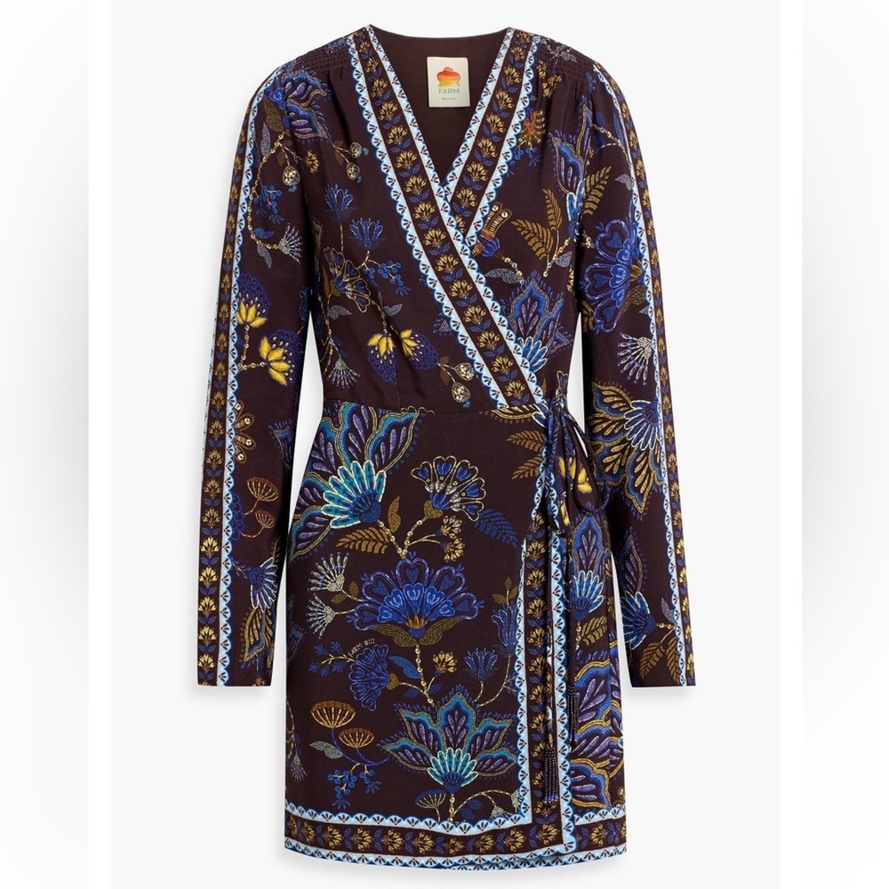 FARM Rio Plum Wrap Dress with Blue & Gold Floral Print
